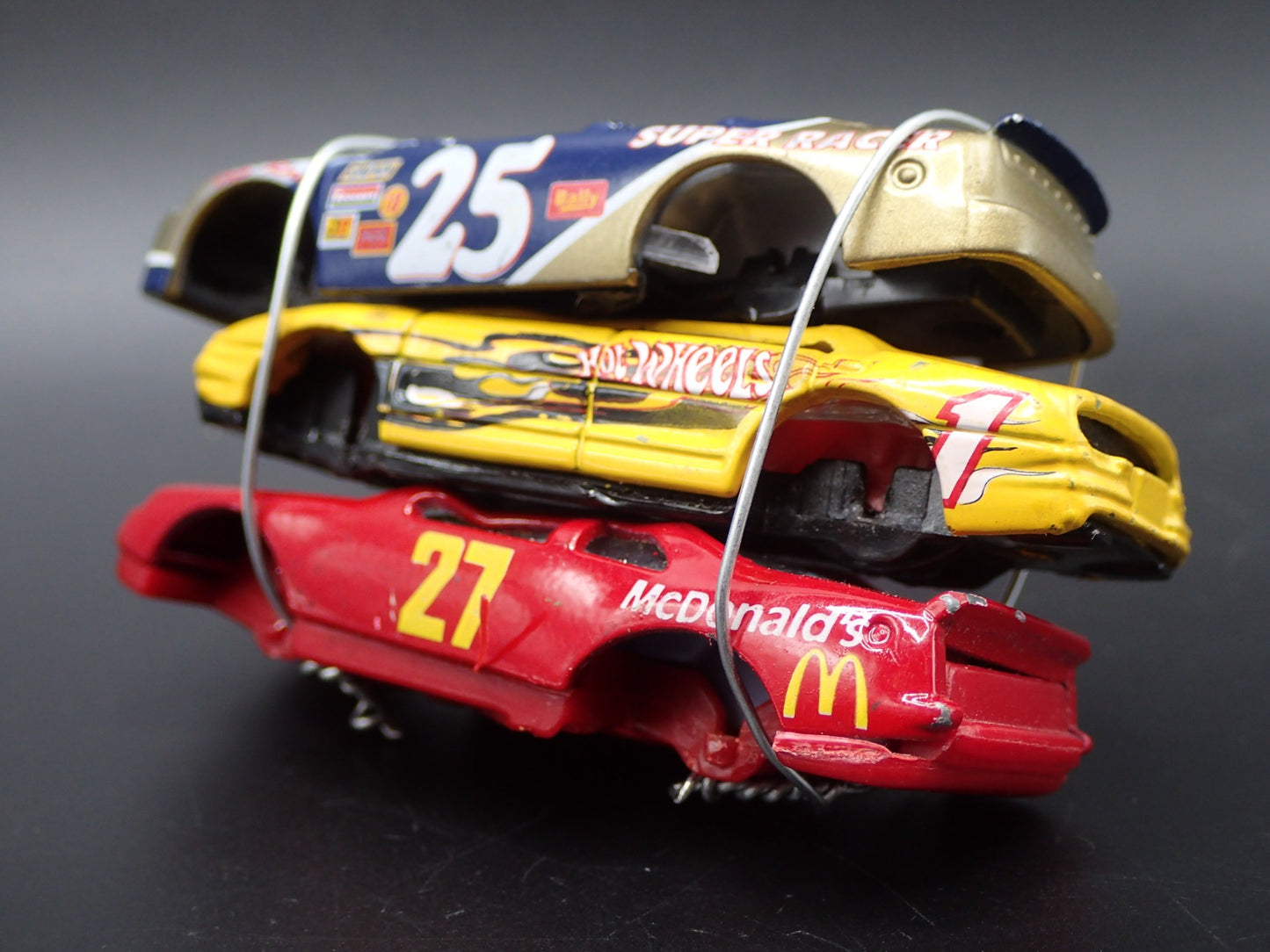 NASCAR + OLDS 3 CARS CRUSHED ON A FLATBED TRAILER 1:64 SCALE DIECAST MODEL CAR