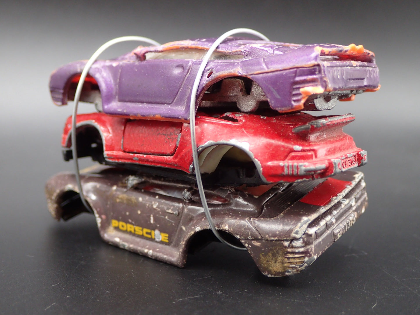 PORSCHE 3 CARS CRUSHED ON A FLATBED TRAILER 1:64 SCALE DIECAST MODEL CAR