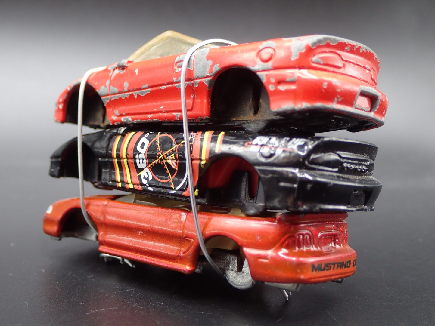 CAMARO/MUSTANG 3 CARS CRUSHED ON A FLATBED TRAILER 1:64 SCALE DIECAST MODEL CAR