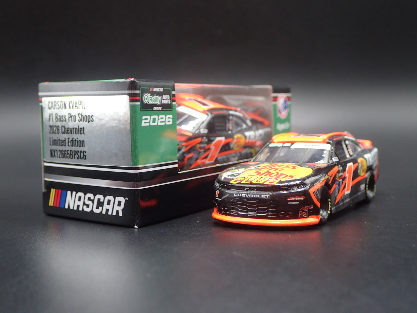 2026 26 CHEVROLET #1 CARSON KVAPIL BASS PRO SHOPS NASCAR 1:64 SCALE DIECAST CAR