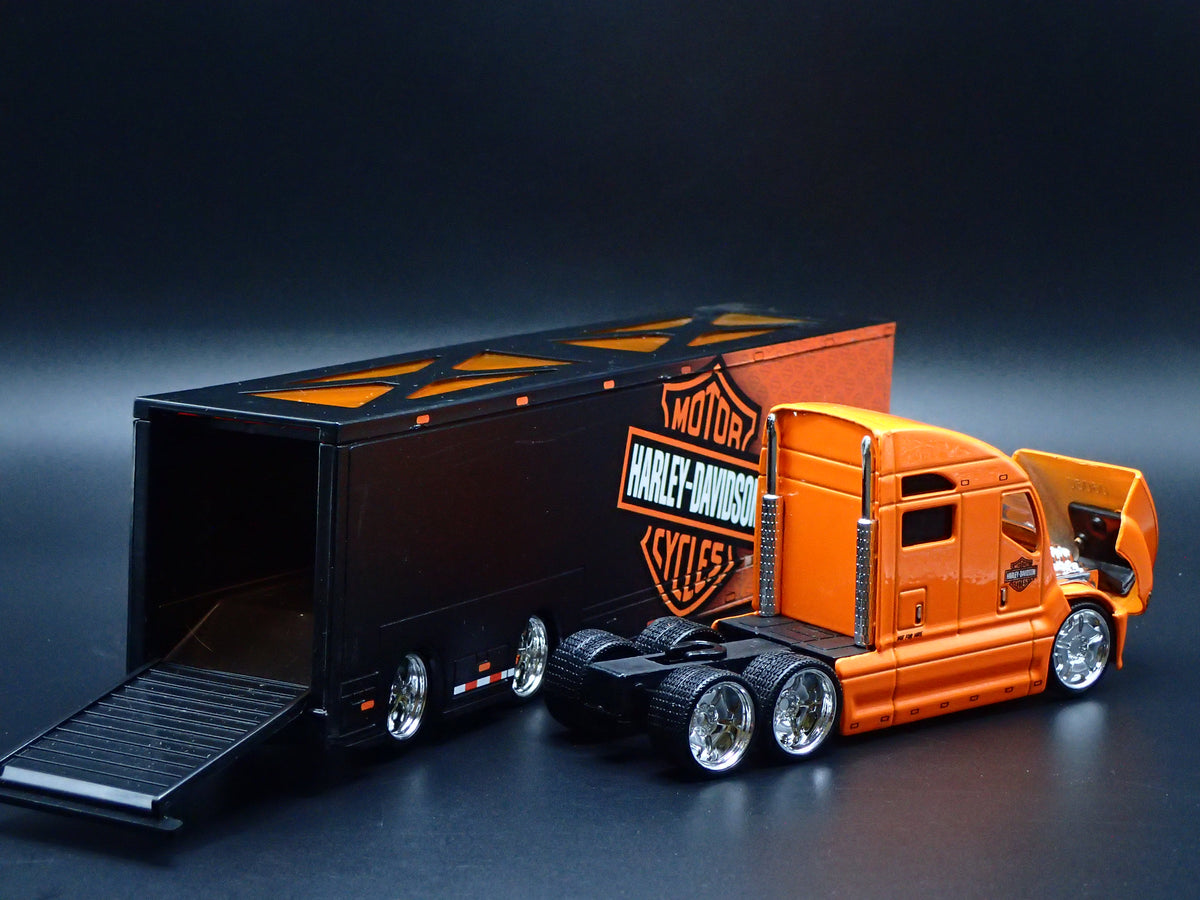 HARLEY DAVIDSON CUSTOM TRANSPORTER HAULER TRAILER 1:64 SCALE MODEL SET-Burning Rubber Toy Company