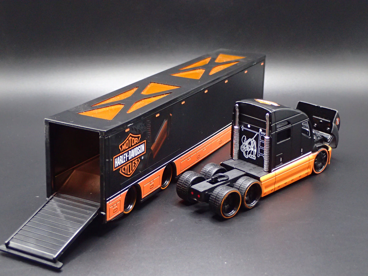 HARLEY DAVIDSON CUSTOM TRANSPORTER HAULER TRAILER 1:64 SCALE MODEL SET-Burning Rubber Toy Company