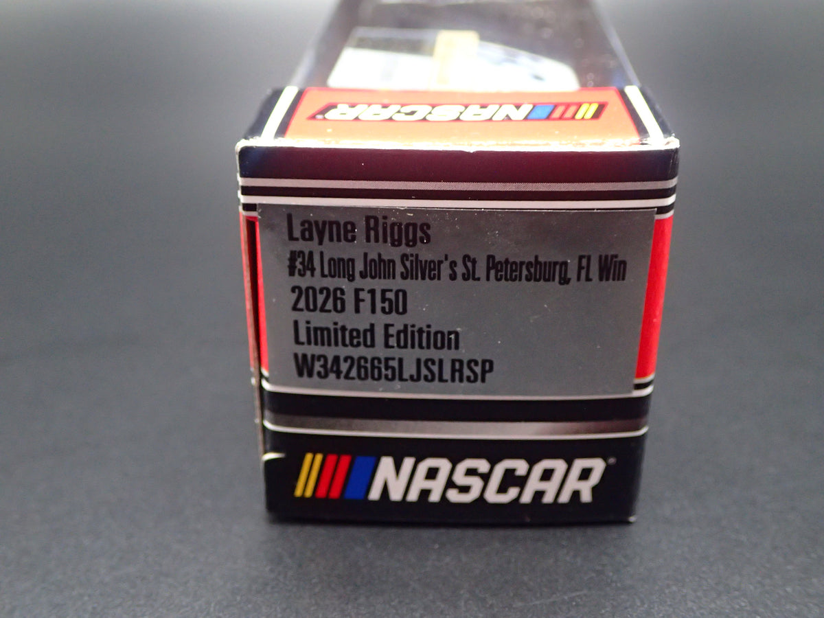 2026 FORD F150 #34 LAYNE RIGGS LONG JOHN SILVERS NASCAR TRUCK 1:64 SCALE DIECAST CAR