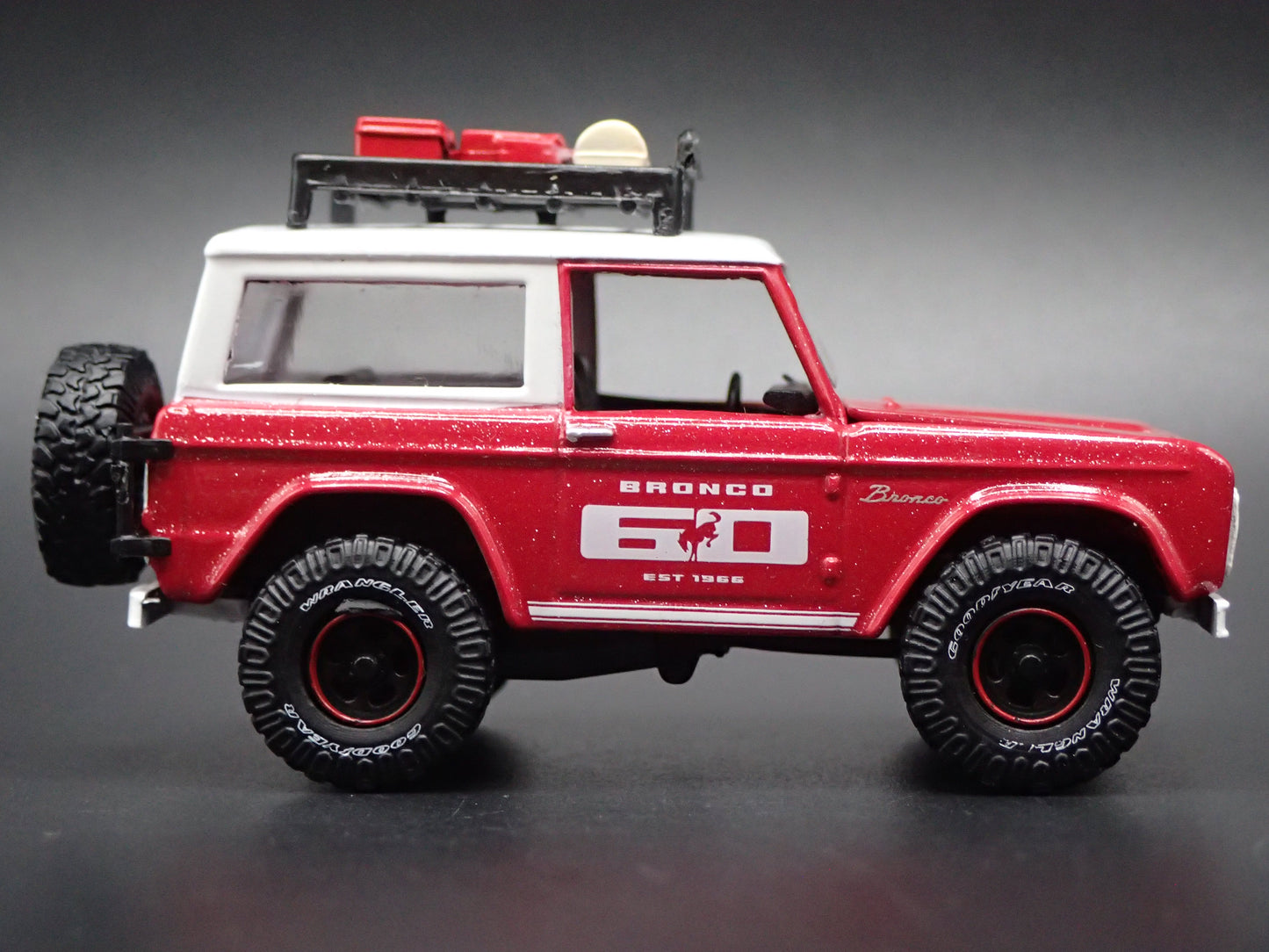 1966 66 FORD BRONCO 4X4 RED 60TH ANNIVERSAY 1:64 SCALE DIORAMA DIECAST MODEL CAR