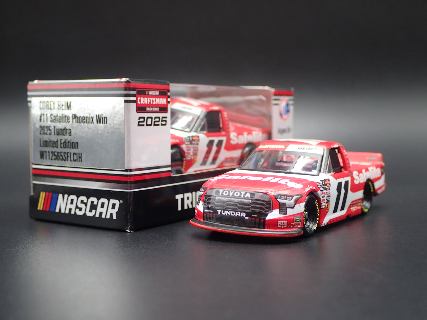 2025 25 TOYOTA TUNDRA 11 COREY HEIM SAFELITE WIN NASCAR TRUCK 1:64 SCALE DIECAST CAR