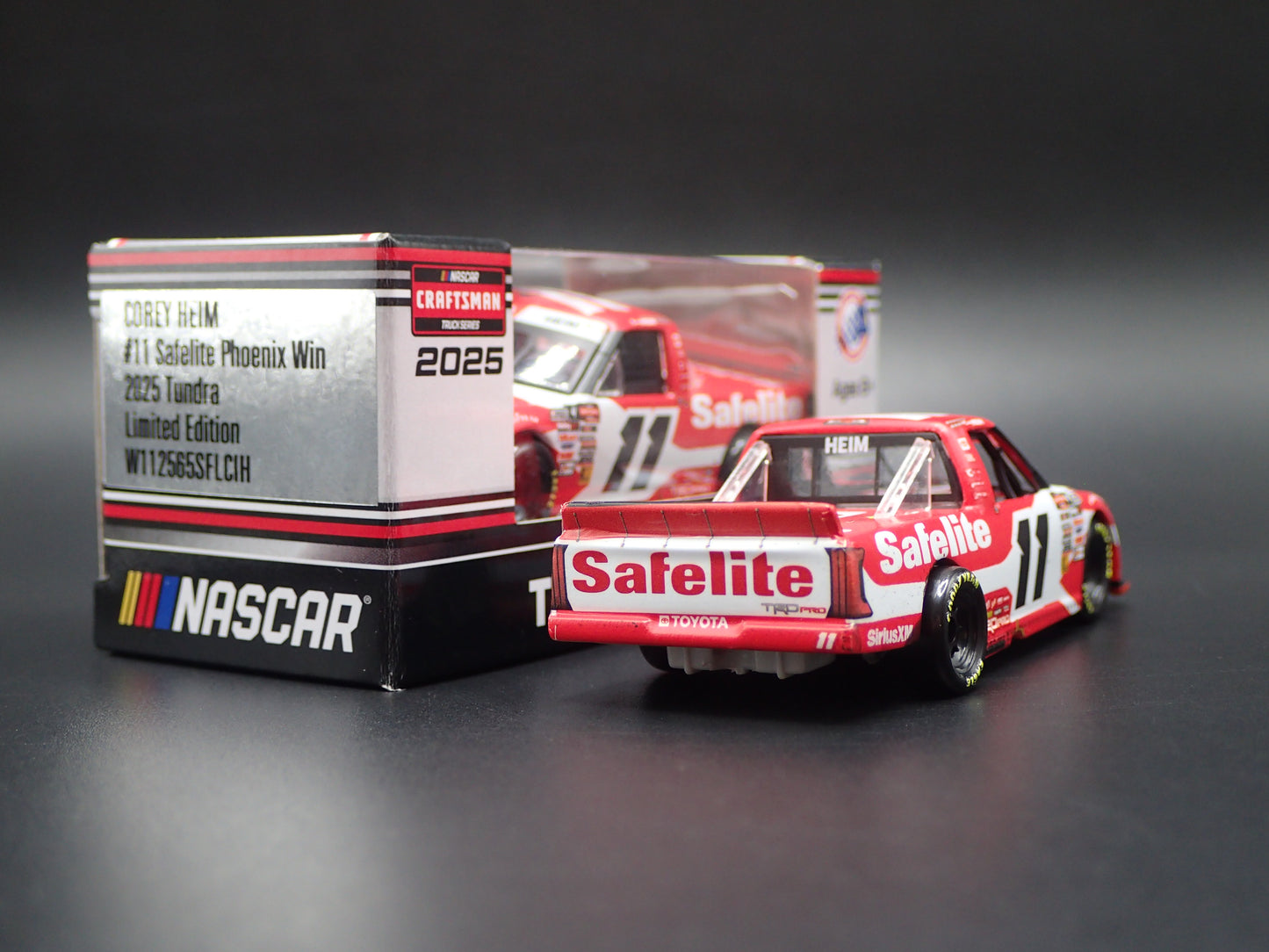 2025 25 TOYOTA TUNDRA 11 COREY HEIM SAFELITE WIN NASCAR TRUCK 1:64 SCALE DIECAST CAR