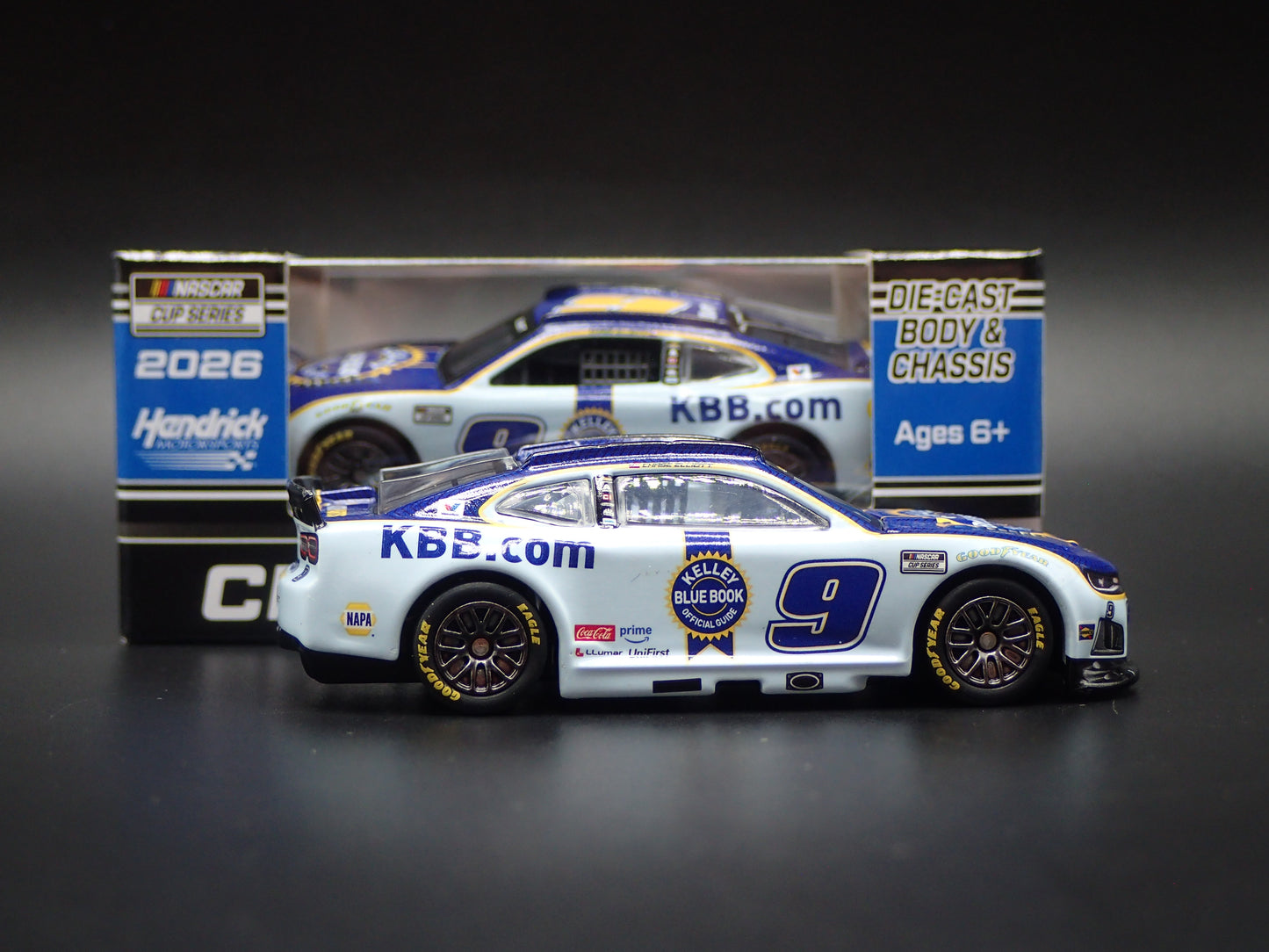 2026 26 CHEVROLET 9 CHASE ELLIOTT KELLEY BLUE BOOK NASCAR 1:64 SCALE DIECAST CAR