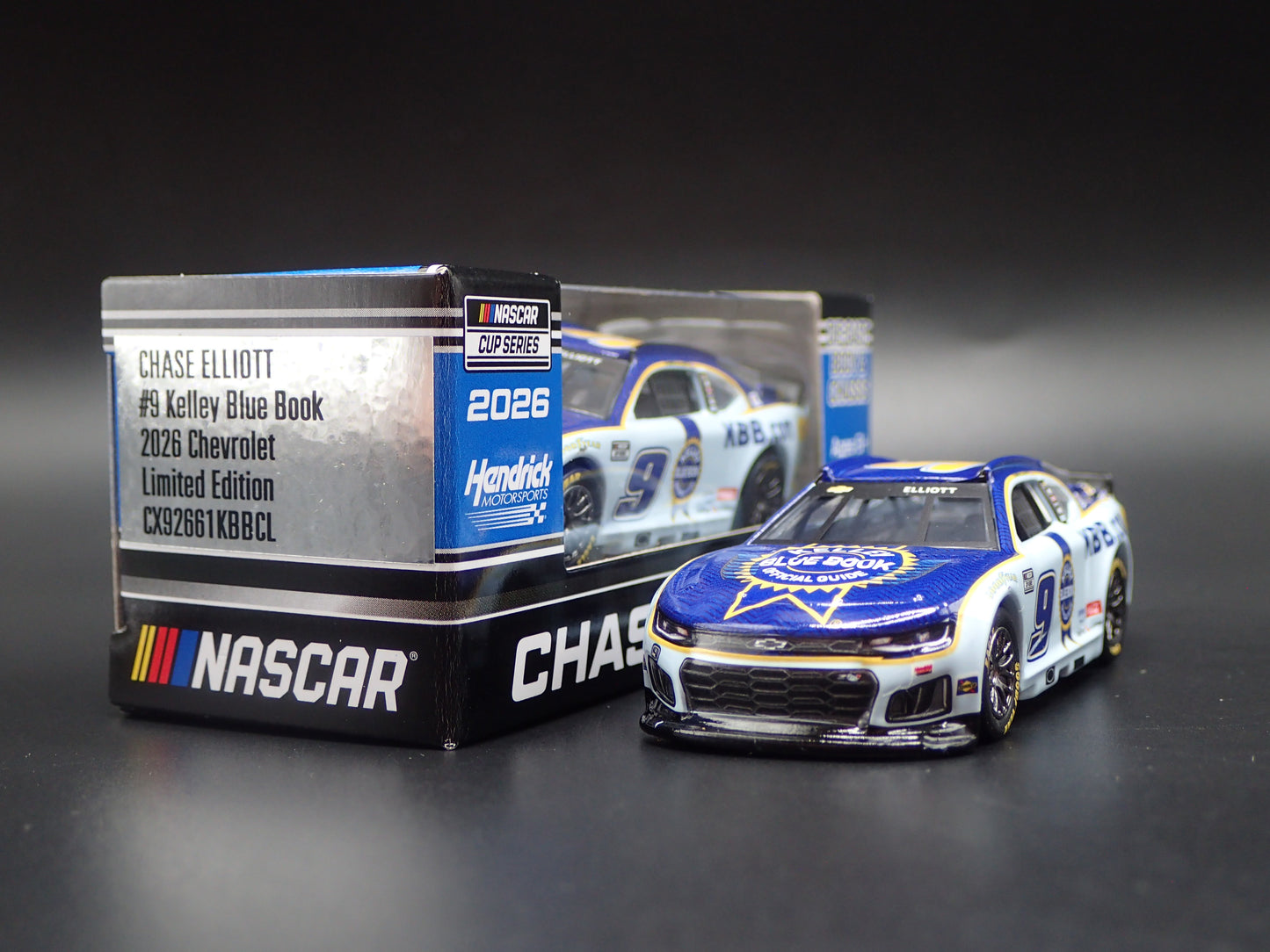 2026 26 CHEVROLET 9 CHASE ELLIOTT KELLEY BLUE BOOK NASCAR 1:64 SCALE DIECAST CAR