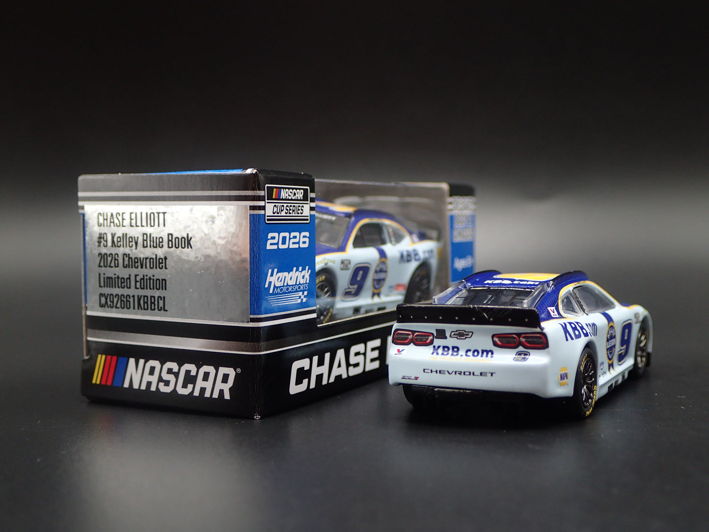 2026 26 CHEVROLET 9 CHASE ELLIOTT KELLEY BLUE BOOK NASCAR 1:64 SCALE DIECAST CAR