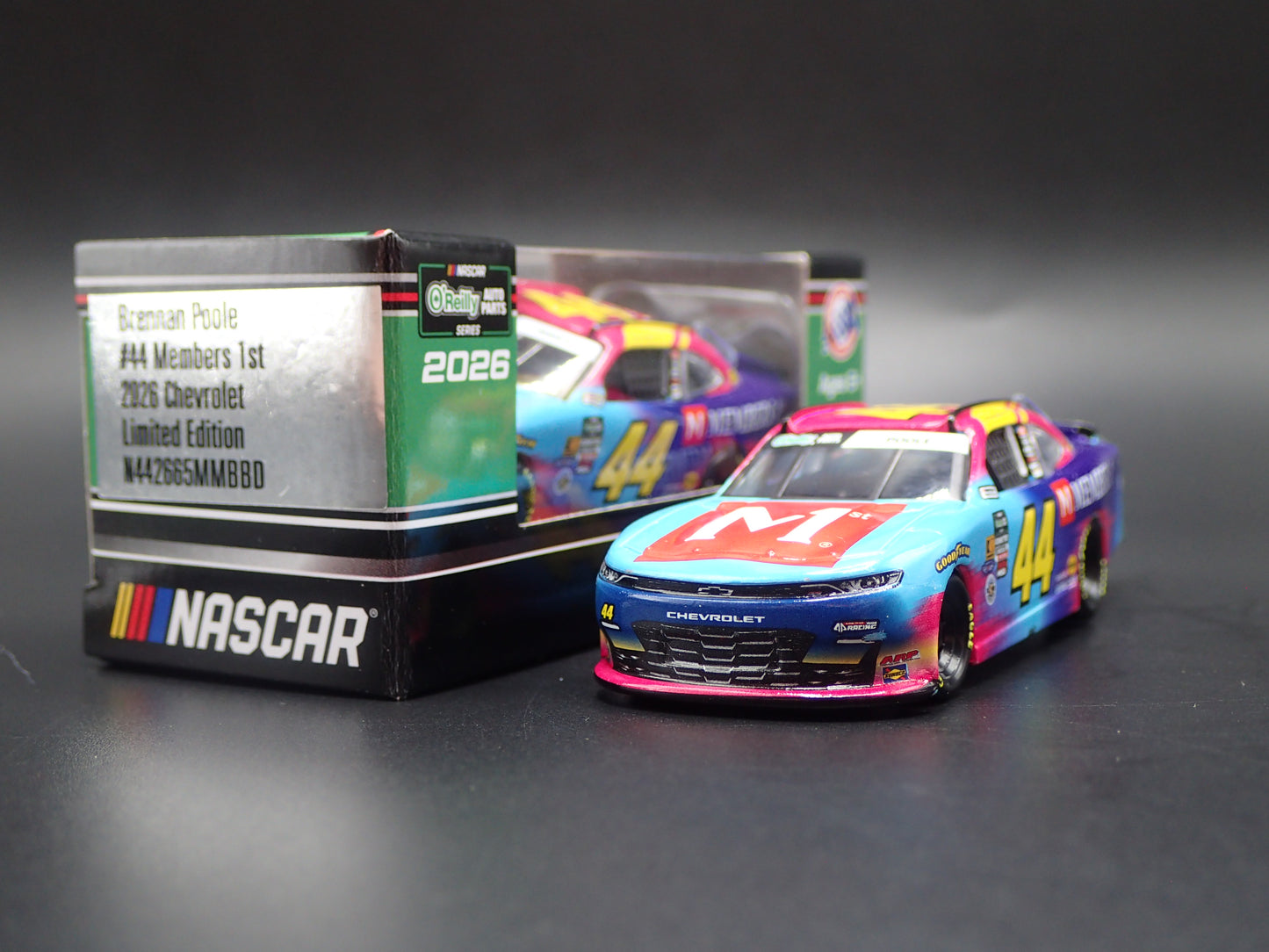 2026 26 CHEVROLET #44 BRENNAN POOLE MEMBERS 1ST NASCAR 1:64 SCALE DIECAST CAR