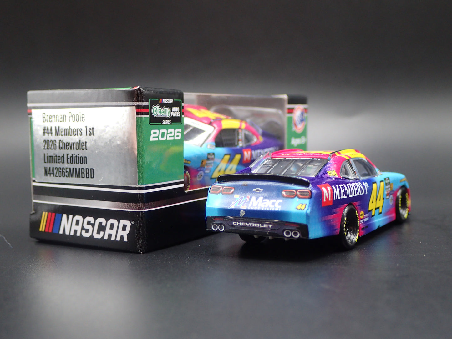 2026 26 CHEVROLET #44 BRENNAN POOLE MEMBERS 1ST NASCAR 1:64 SCALE DIECAST CAR