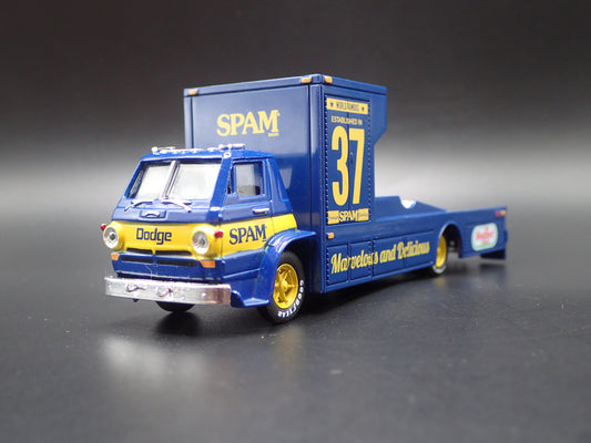 1966 66 DODGE L600 COE RAMP TRUCK HAULER SPAM BLUE 1:64 SCALE DIECAST MODEL CAR