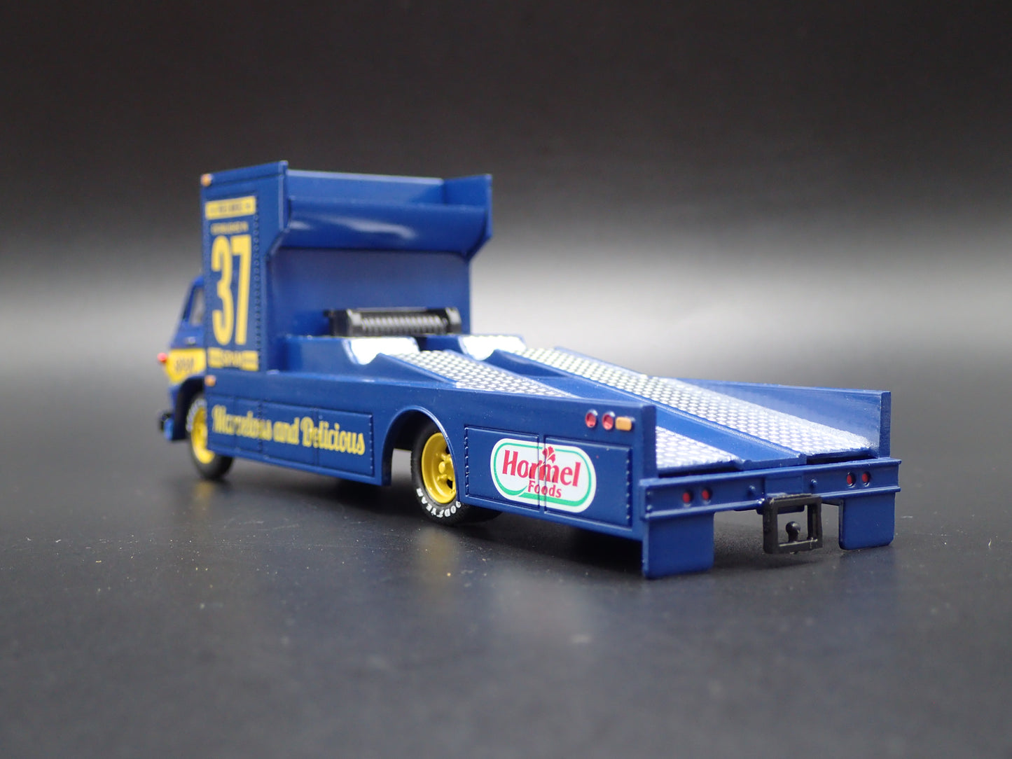 1966 66 DODGE L600 COE RAMP TRUCK HAULER SPAM BLUE 1:64 SCALE DIECAST MODEL CAR