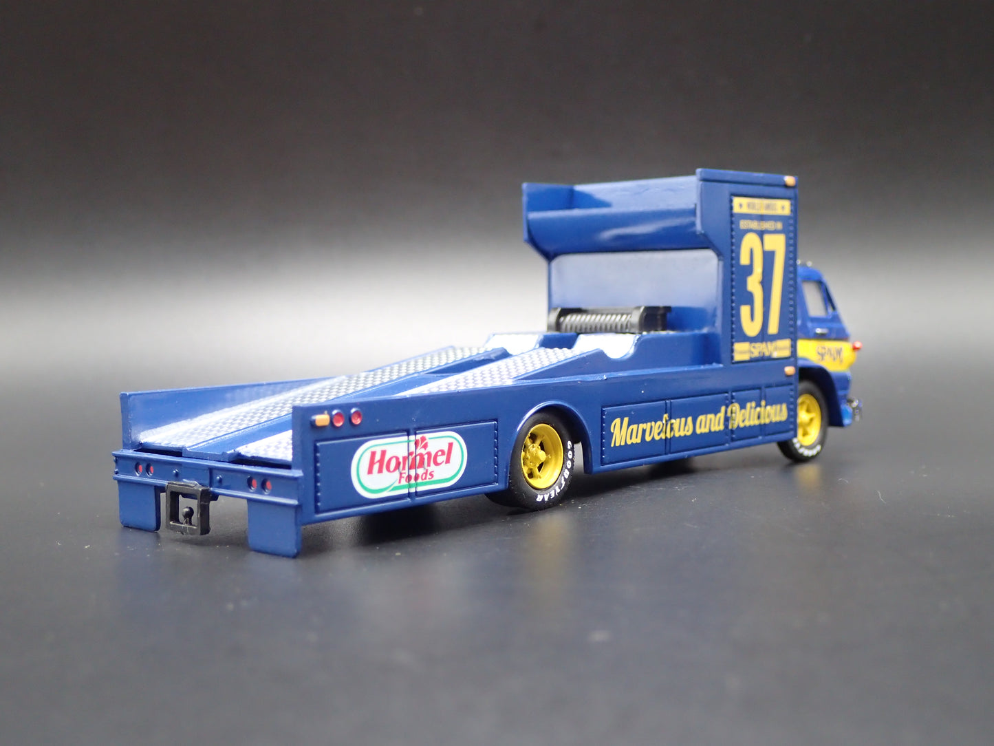 1966 66 DODGE L600 COE RAMP TRUCK HAULER SPAM BLUE 1:64 SCALE DIECAST MODEL CAR