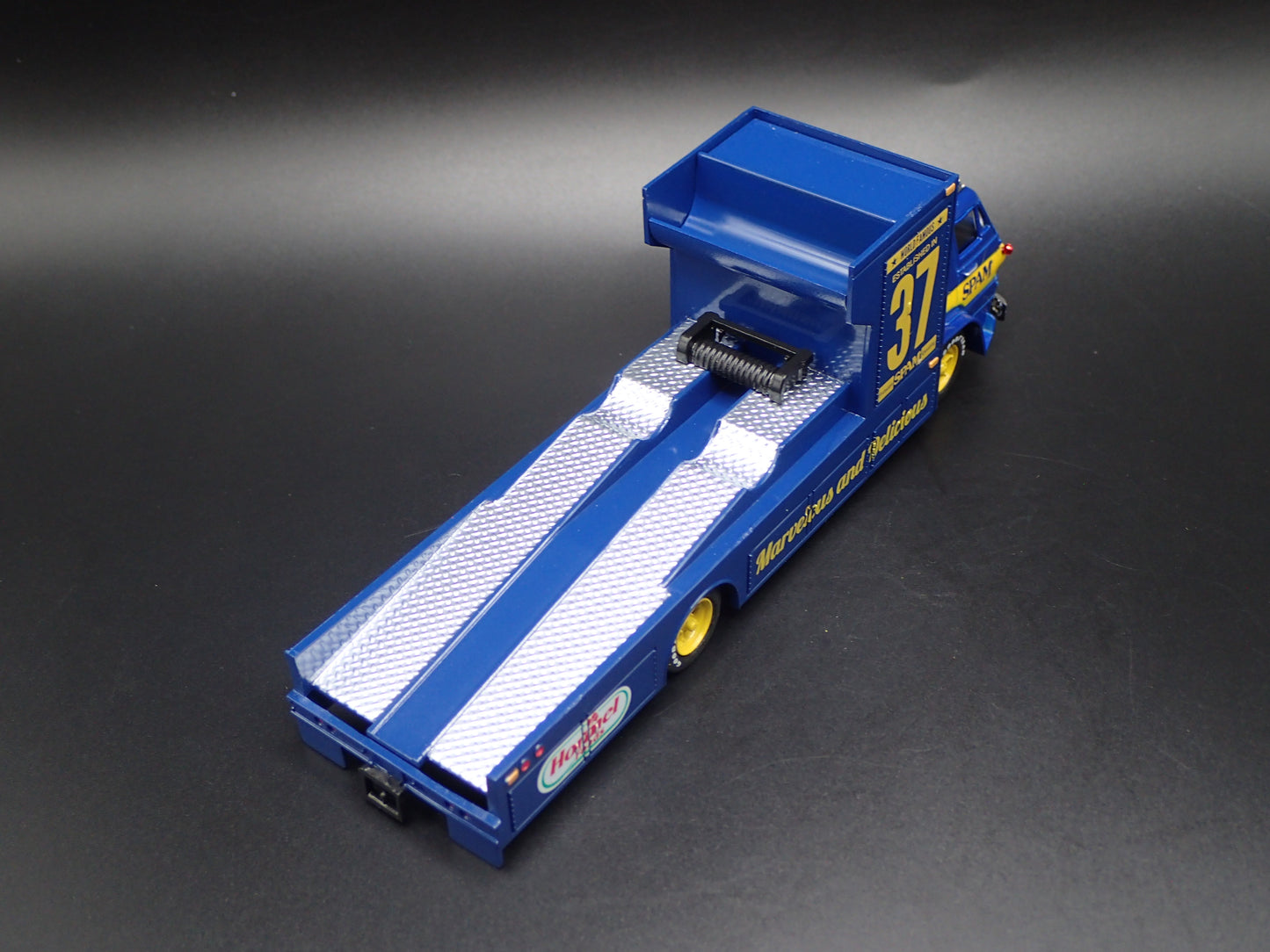 1966 66 DODGE L600 COE RAMP TRUCK HAULER SPAM BLUE 1:64 SCALE DIECAST MODEL CAR