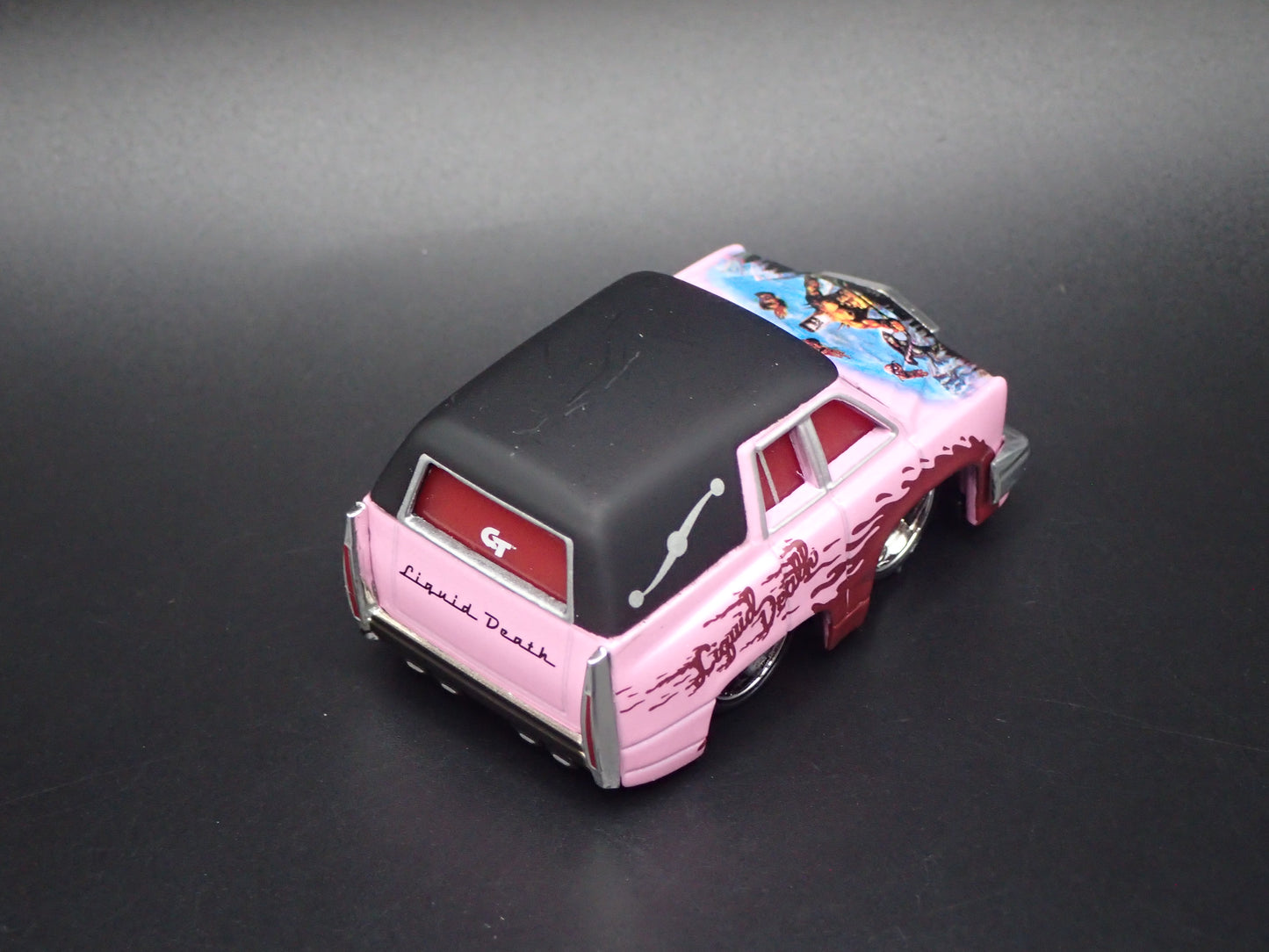 CADILLAC CADDY HEARSE LIQUID DEATH CAR TUNED 1/64 SCALE DIORAMA DIECAST MODEL CAR