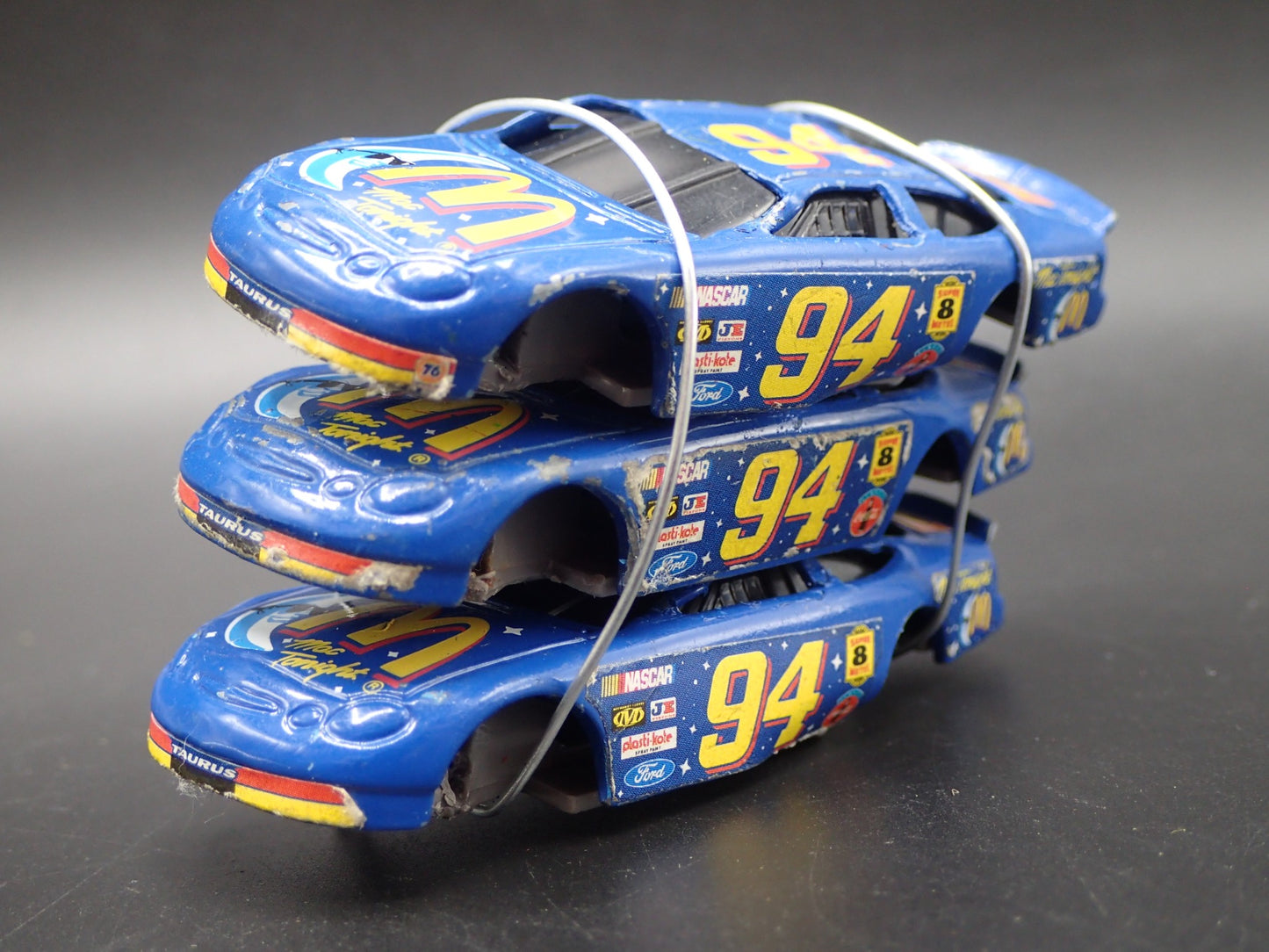 VINTAGE NASCAR 3 CARS CRUSHED ON A FLATBED TRAILER 1:64 SCALE DIECAST MODEL CAR