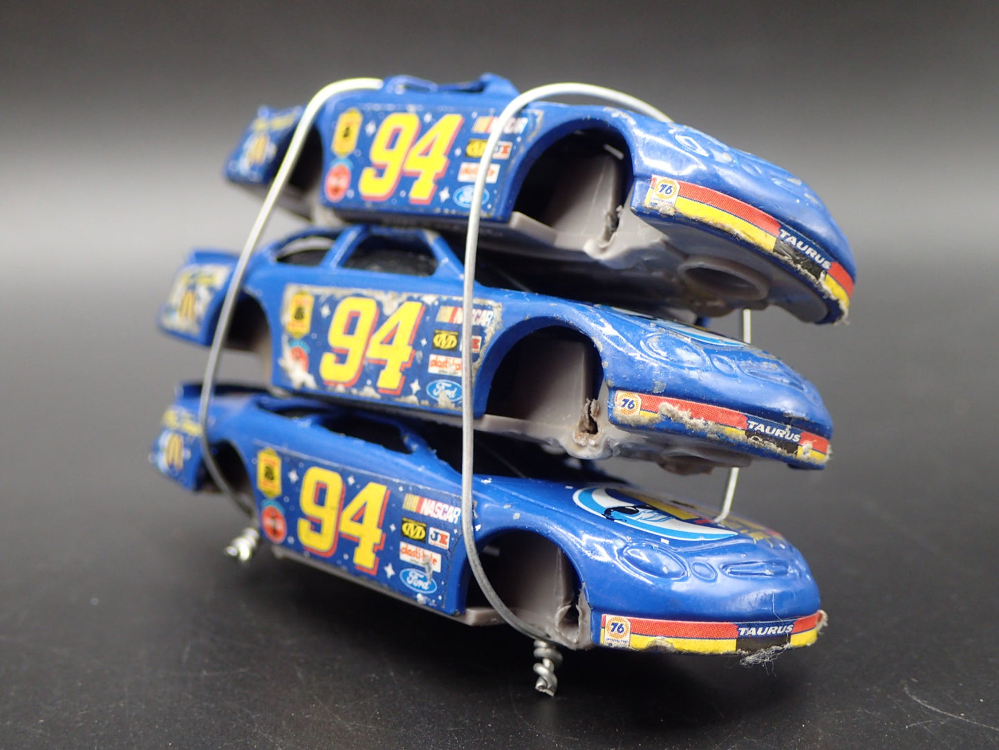 VINTAGE NASCAR 3 CARS CRUSHED ON A FLATBED TRAILER 1:64 SCALE DIECAST MODEL CAR