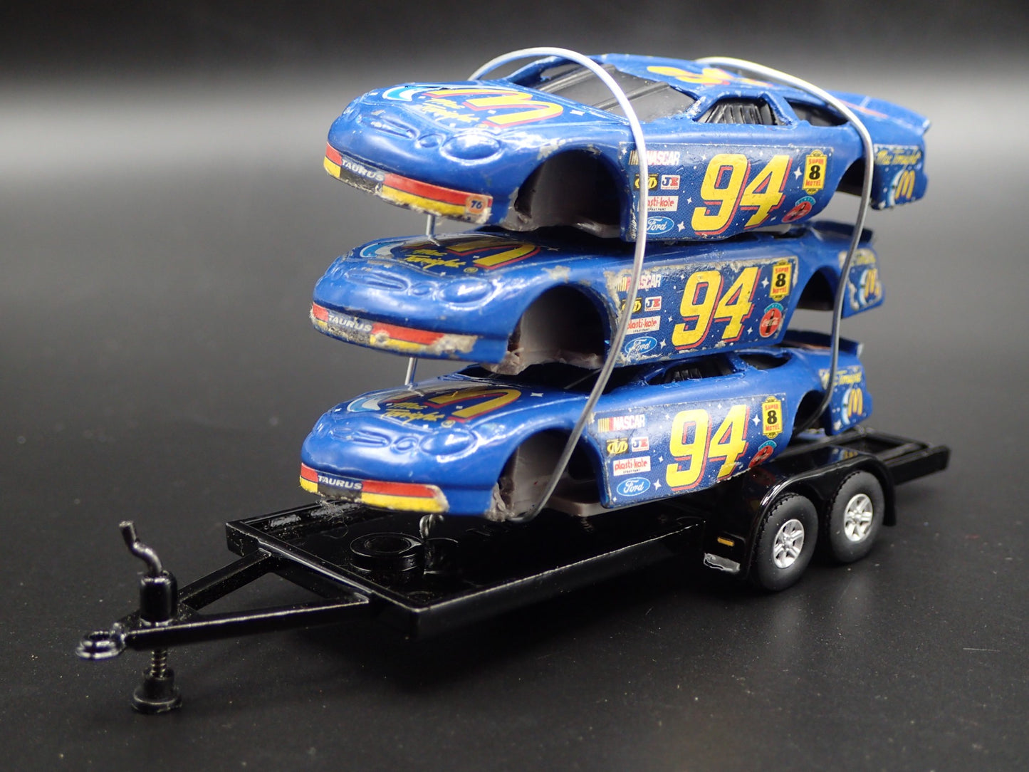 VINTAGE NASCAR 3 CARS CRUSHED ON A FLATBED TRAILER 1:64 SCALE DIECAST MODEL CAR