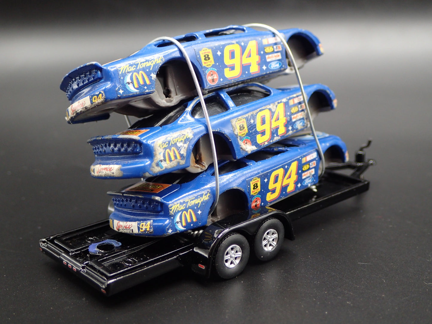 VINTAGE NASCAR 3 CARS CRUSHED ON A FLATBED TRAILER 1:64 SCALE DIECAST MODEL CAR