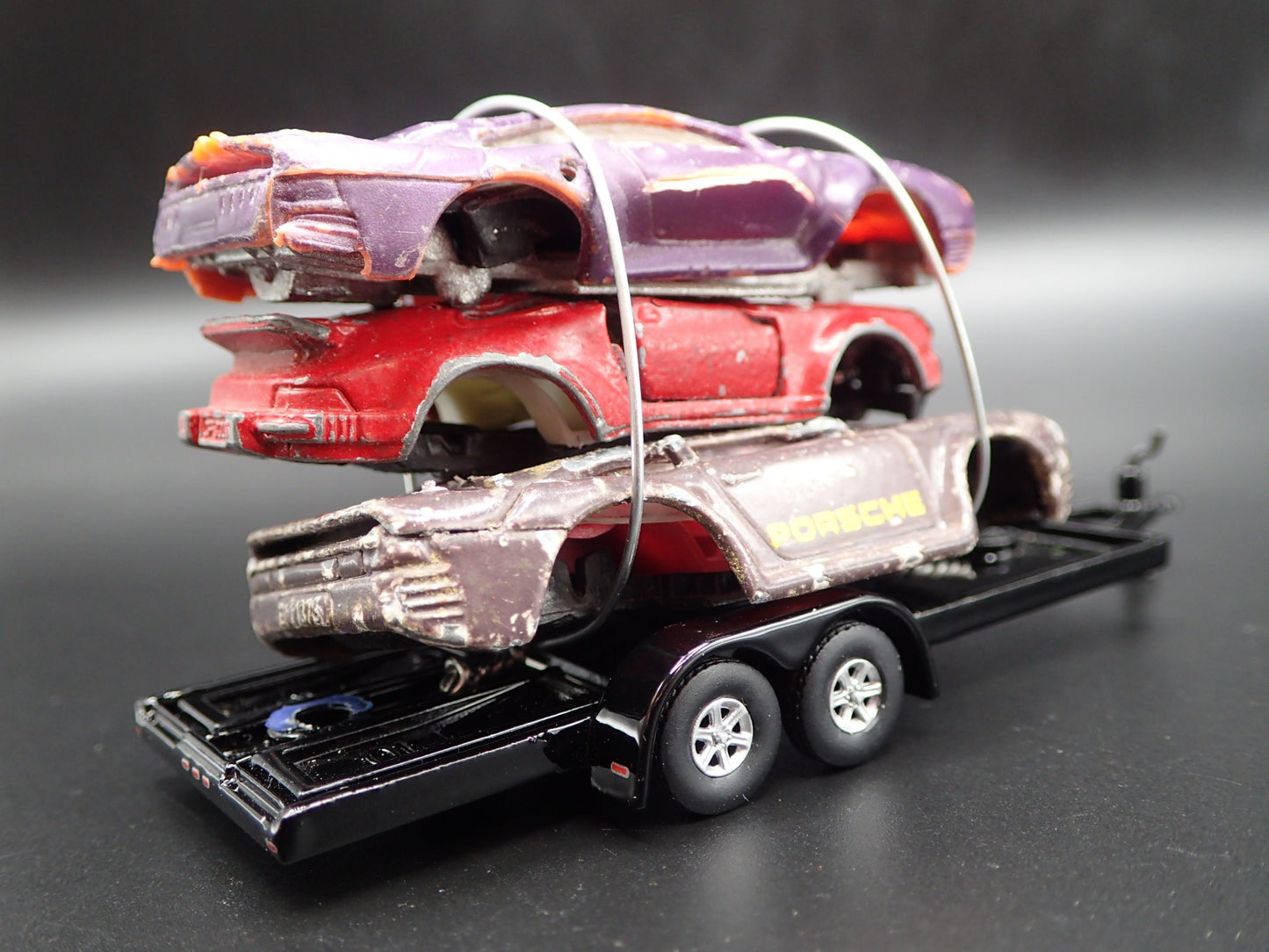 PORSCHE 3 CARS CRUSHED ON A FLATBED TRAILER 1:64 SCALE DIECAST MODEL CAR