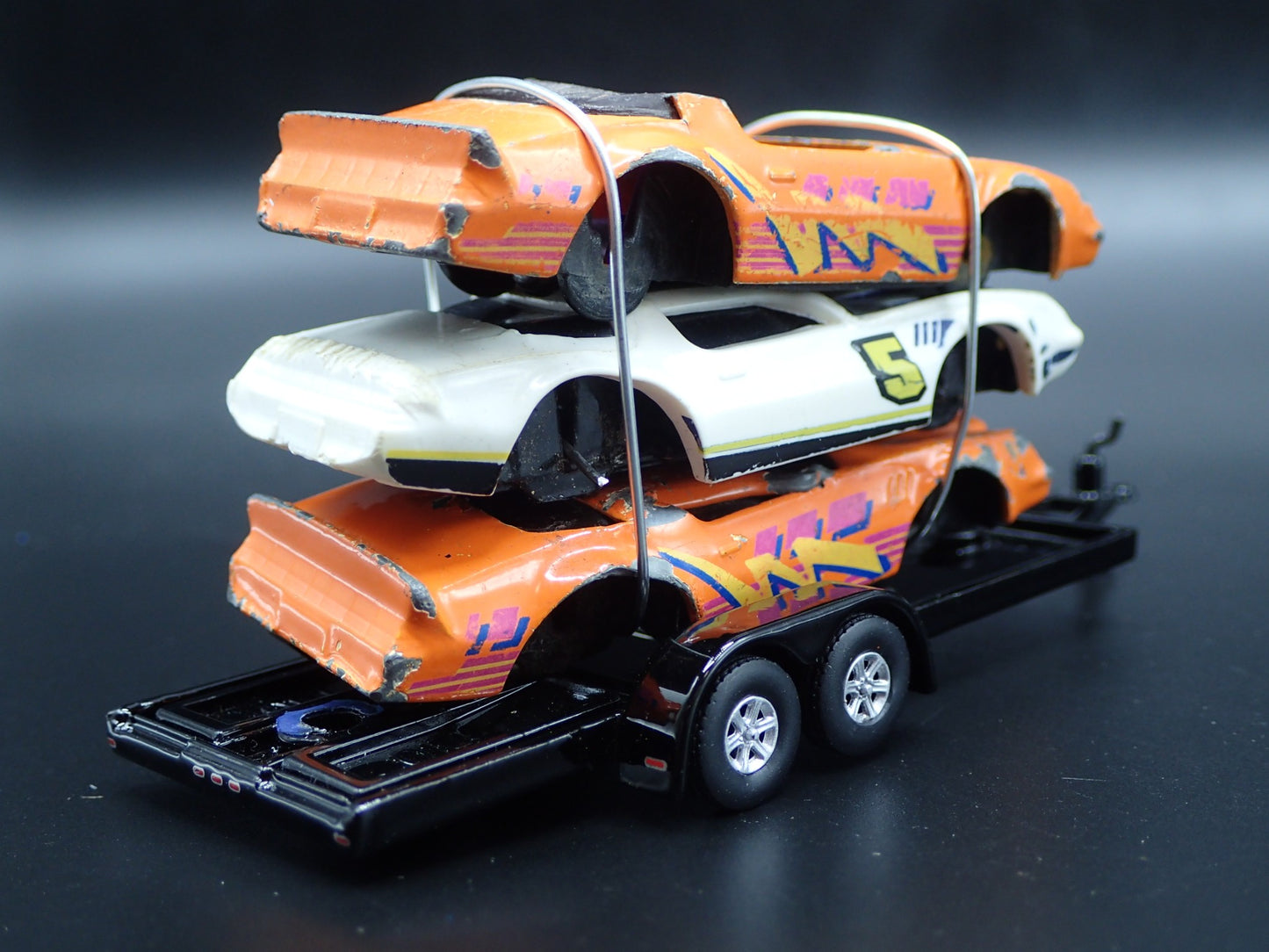 VINTAGE CHEVY 3 CARS CRUSHED ON A FLATBED TRAILER 1:64 SCALE DIECAST MODEL CAR