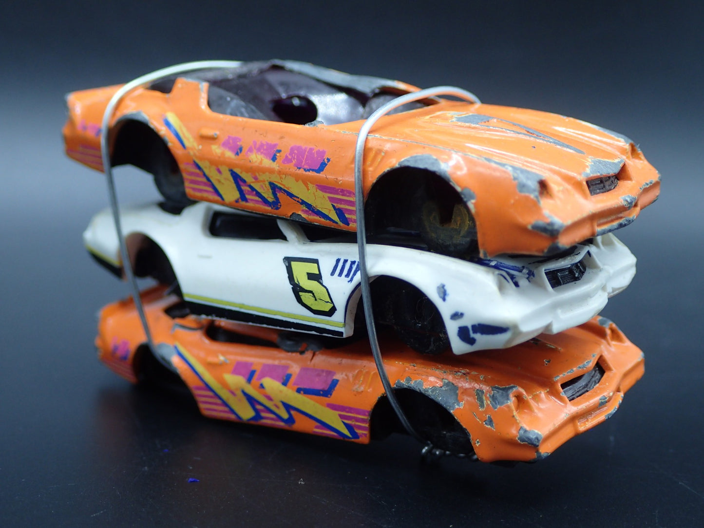 VINTAGE CHEVY 3 CARS CRUSHED ON A FLATBED TRAILER 1:64 SCALE DIECAST MODEL CAR