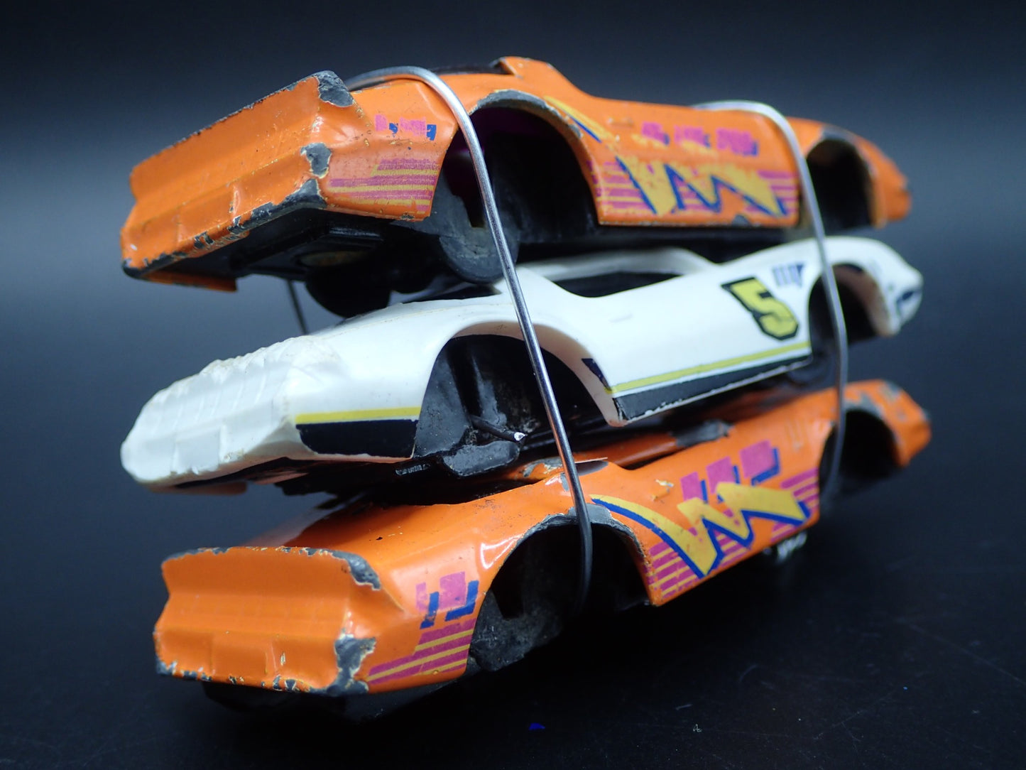 VINTAGE CHEVY 3 CARS CRUSHED ON A FLATBED TRAILER 1:64 SCALE DIECAST MODEL CAR