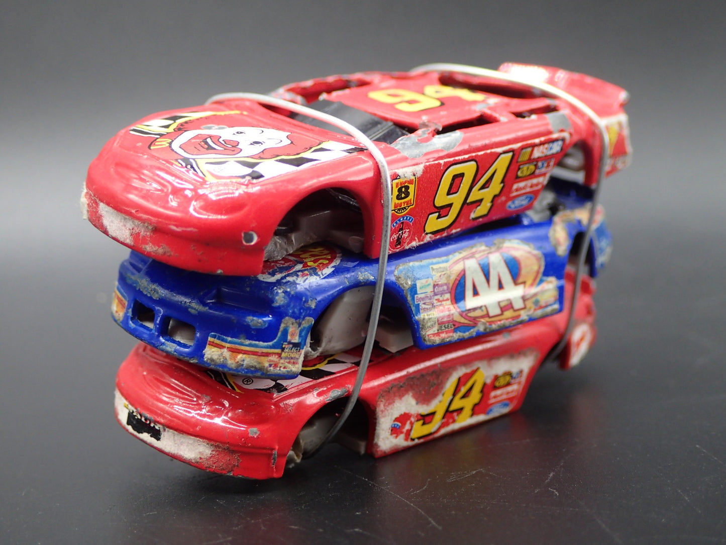 VINTAGE NASCAR 3 CARS CRUSHED ON A FLATBED TRAILER 1:64 SCALE DIECAST MODEL CAR