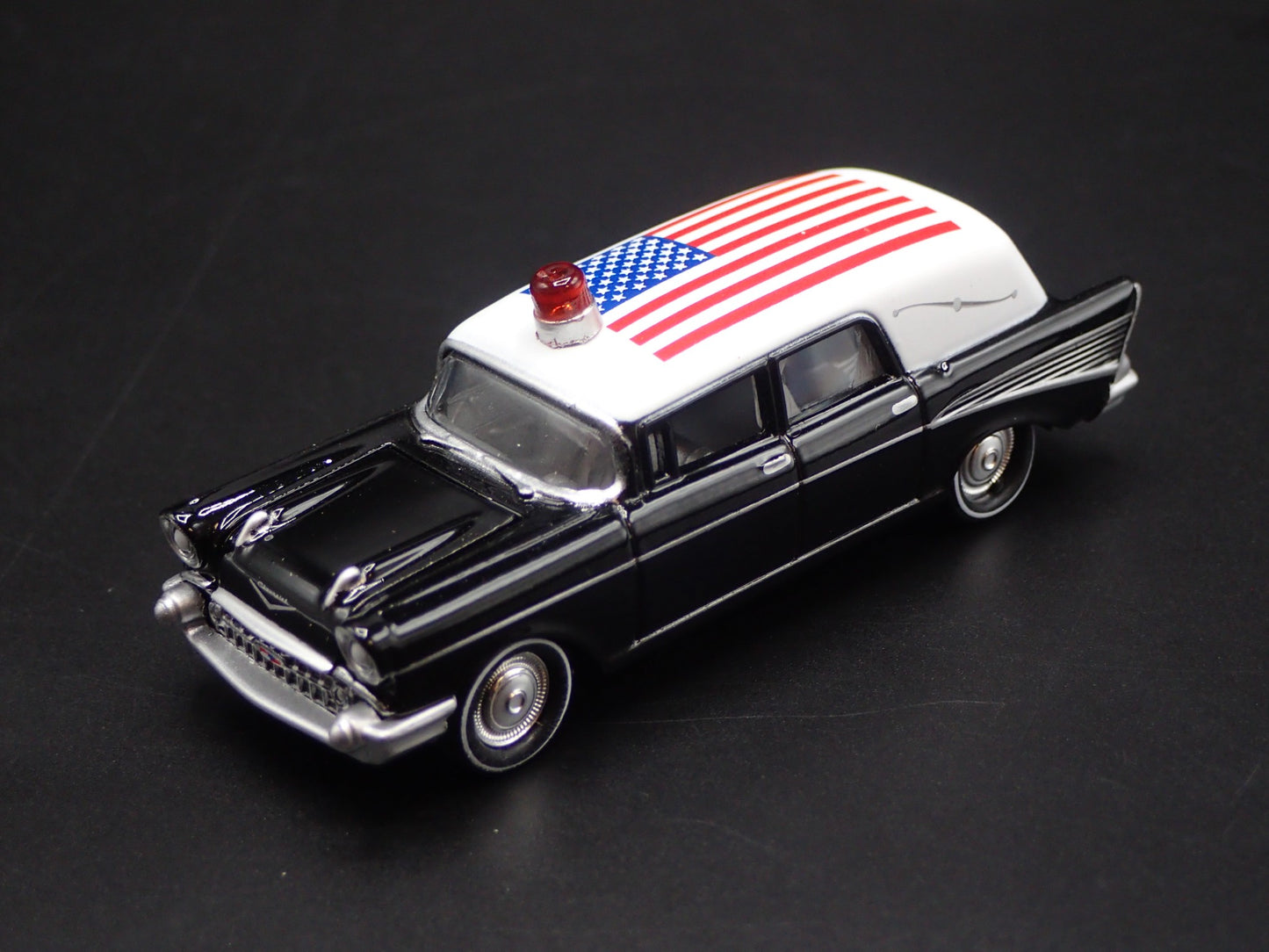 1957 CHEVY CHEVROLET HEARSE PATRIOTIC USA SERVICE MEMBER 1:64 SCALE DIECAST CAR
