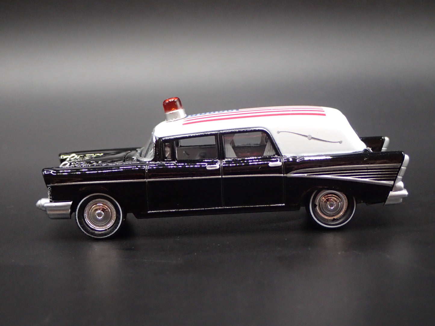 1957 CHEVY CHEVROLET HEARSE PATRIOTIC USA SERVICE MEMBER 1:64 SCALE DIECAST CAR