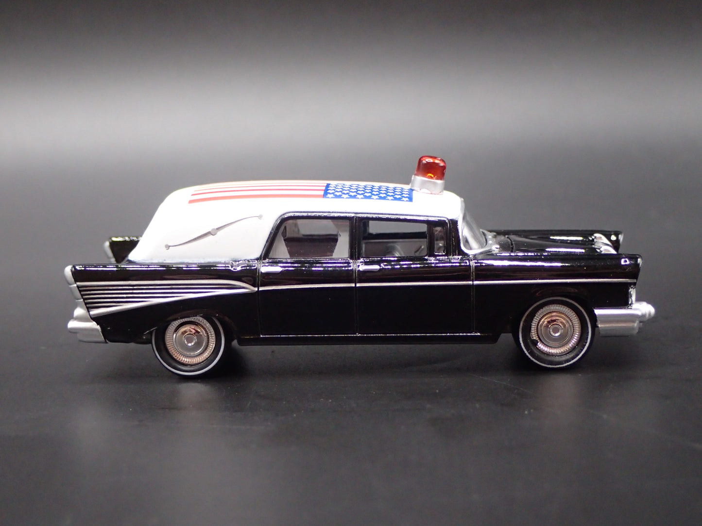 1957 CHEVY CHEVROLET HEARSE PATRIOTIC USA SERVICE MEMBER 1:64 SCALE DIECAST CAR