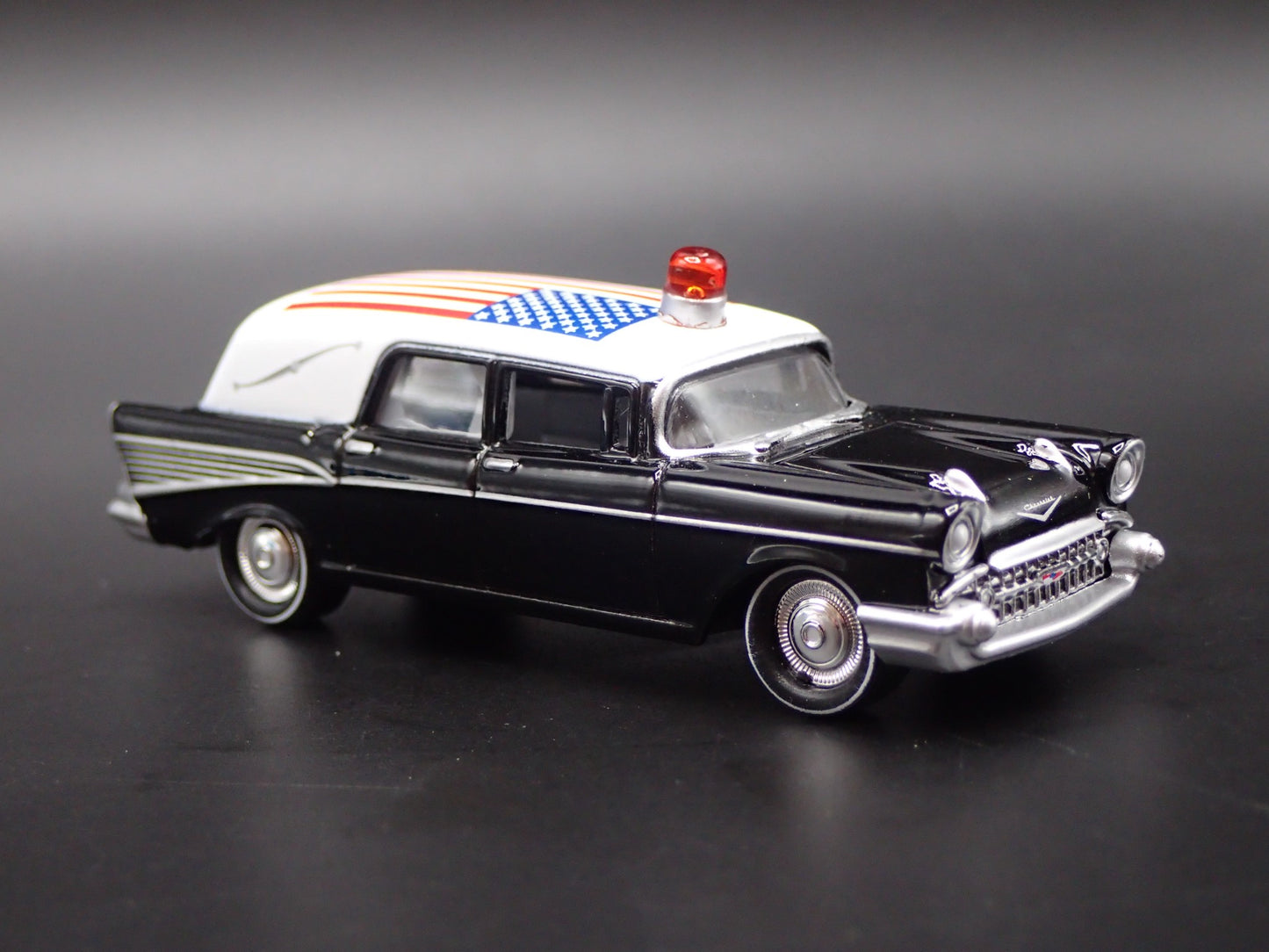 1957 CHEVY CHEVROLET HEARSE PATRIOTIC USA SERVICE MEMBER 1:64 SCALE DIECAST CAR