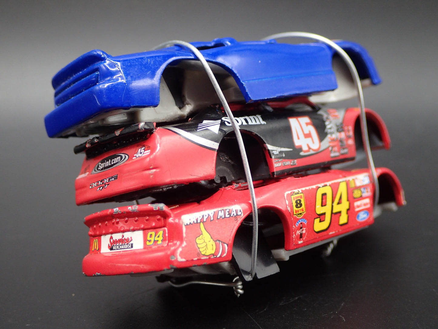VINTAGE NASCAR 3 CARS CRUSHED ON A FLATBED TRAILER 1:64 SCALE DIECAST MODEL CAR