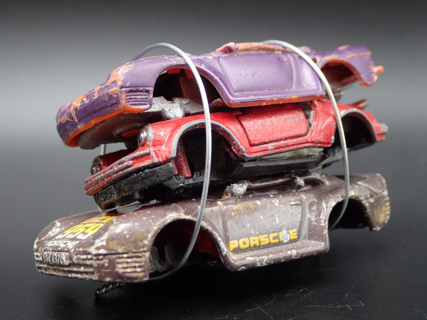 PORSCHE 3 CARS CRUSHED ON A FLATBED TRAILER 1:64 SCALE DIECAST MODEL CAR