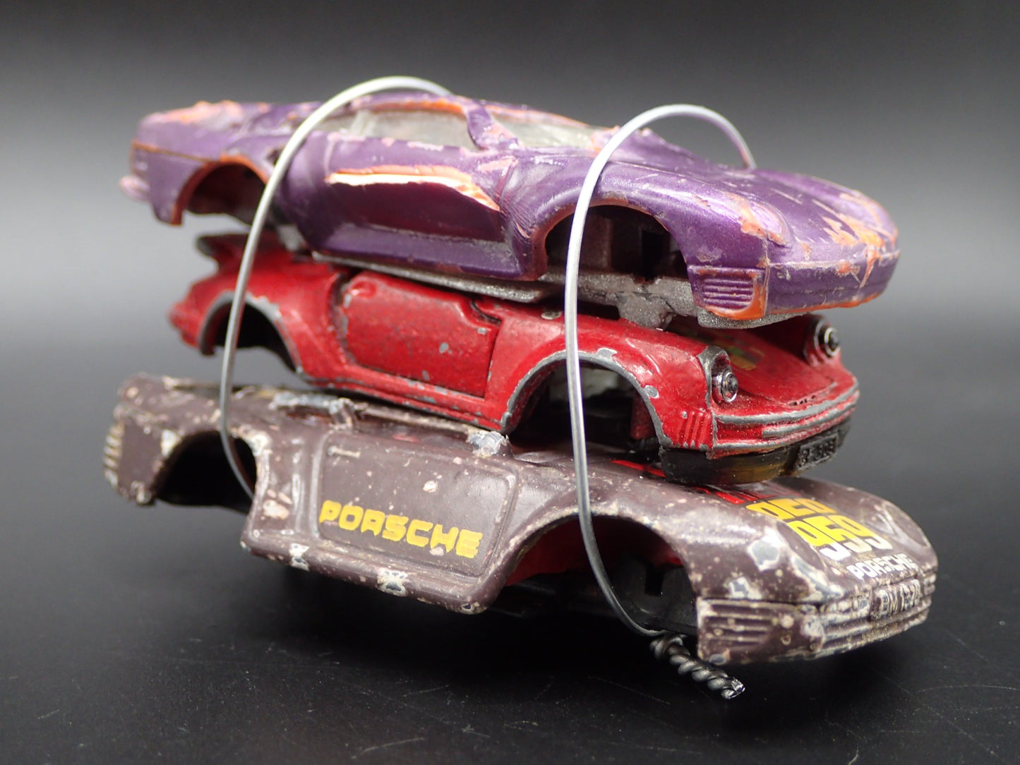 PORSCHE 3 CARS CRUSHED ON A FLATBED TRAILER 1:64 SCALE DIECAST MODEL CAR
