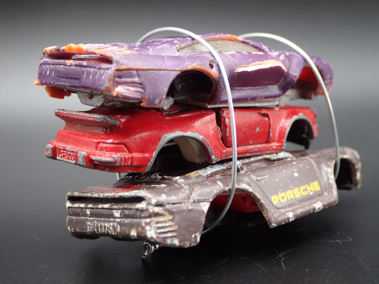 PORSCHE 3 CARS CRUSHED ON A FLATBED TRAILER 1:64 SCALE DIECAST MODEL CAR