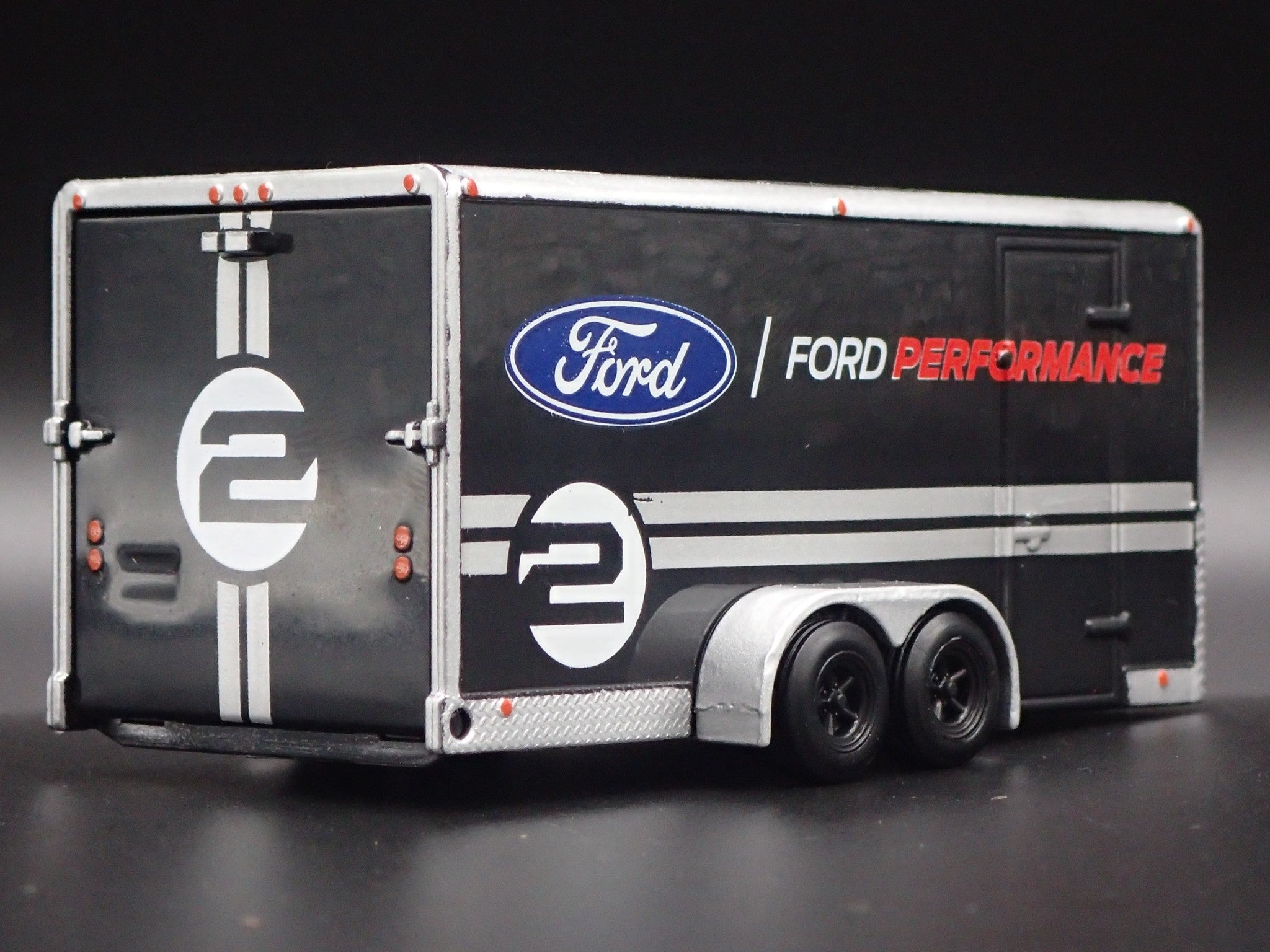 FORD ENCLOSED CAR HAULER TRAILER w/ OPENING DOOR BLACK 1:64 SCALE
