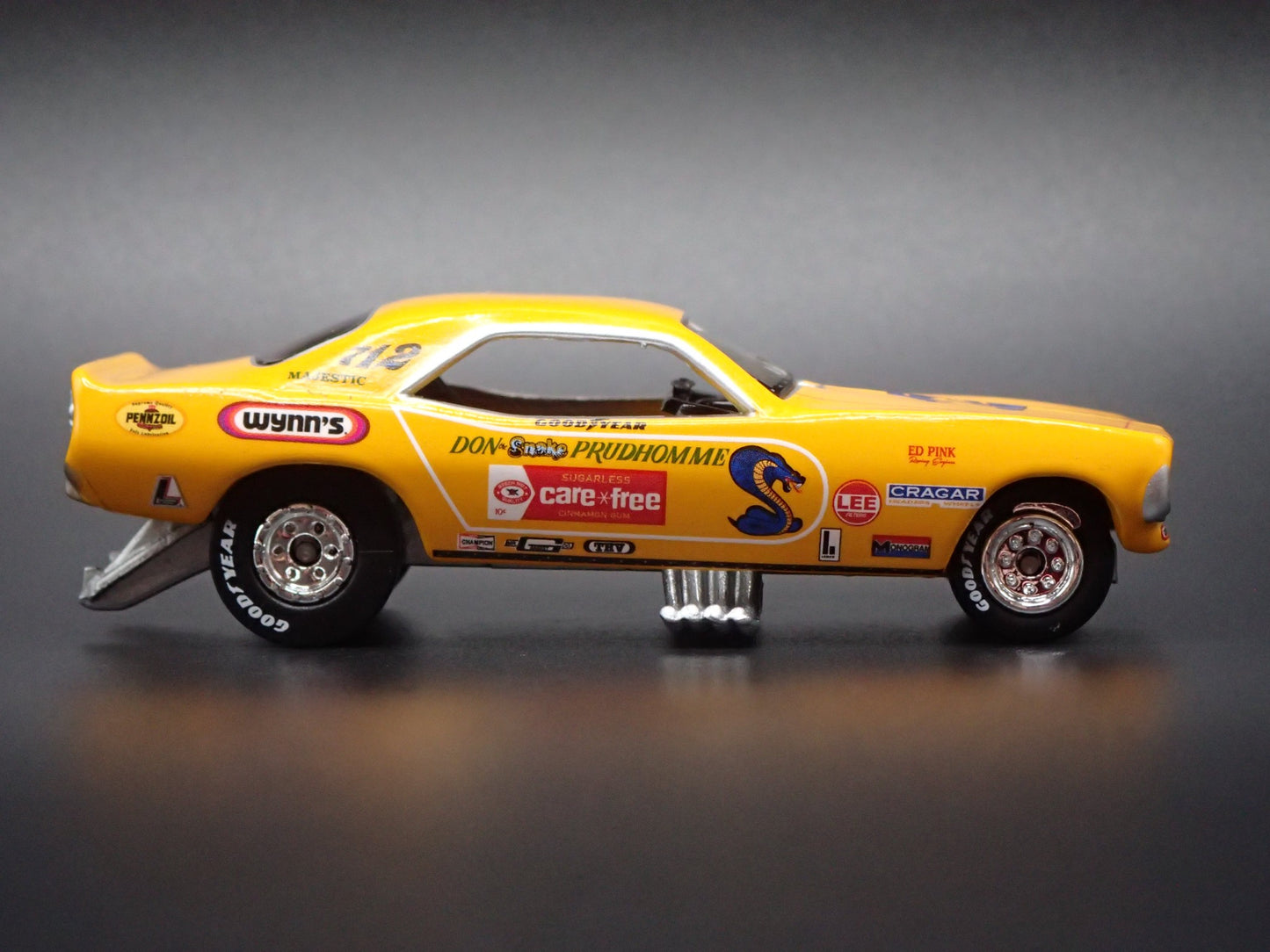 1973 73 PLYMOUTH CUDA FUNNY CAR DON PRUDHOMME SNAKE 1/64 SCALE DIECAST MODEL CAR