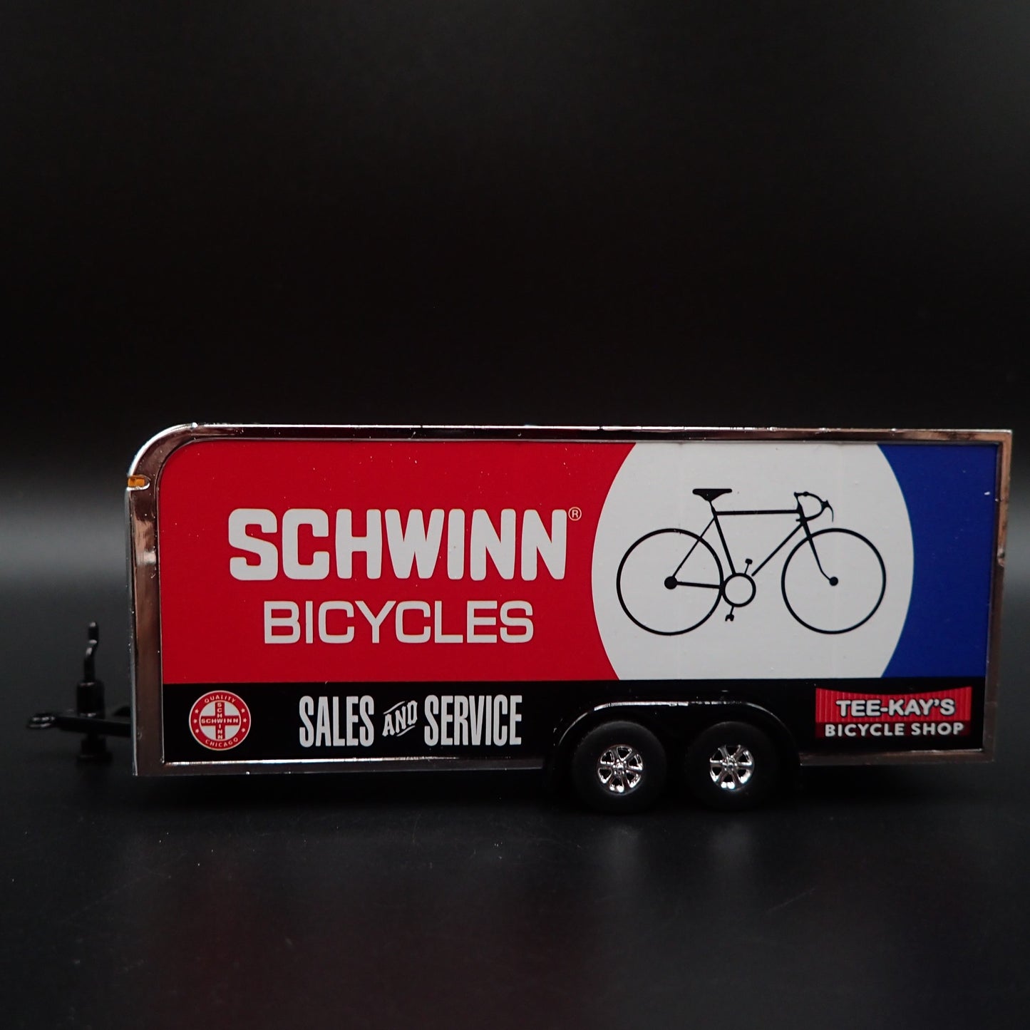 SCHWINN BICYCLES ENCLOSED CAR TOY HAULER TRAILER w OPENING DOOR 1:64 SCALE MODEL