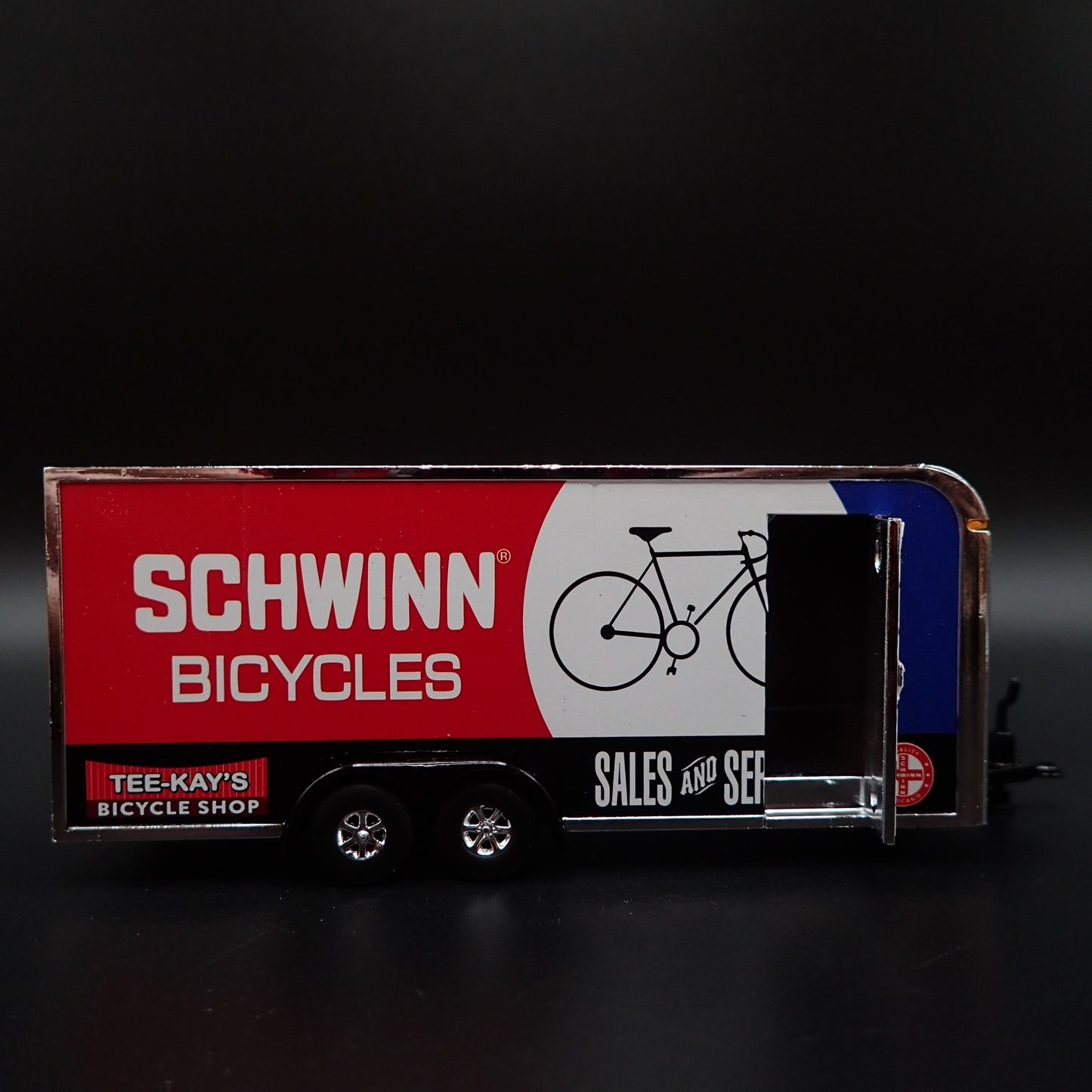 SCHWINN BICYCLES ENCLOSED CAR TOY HAULER TRAILER w OPENING DOOR 1:64 SCALE MODEL