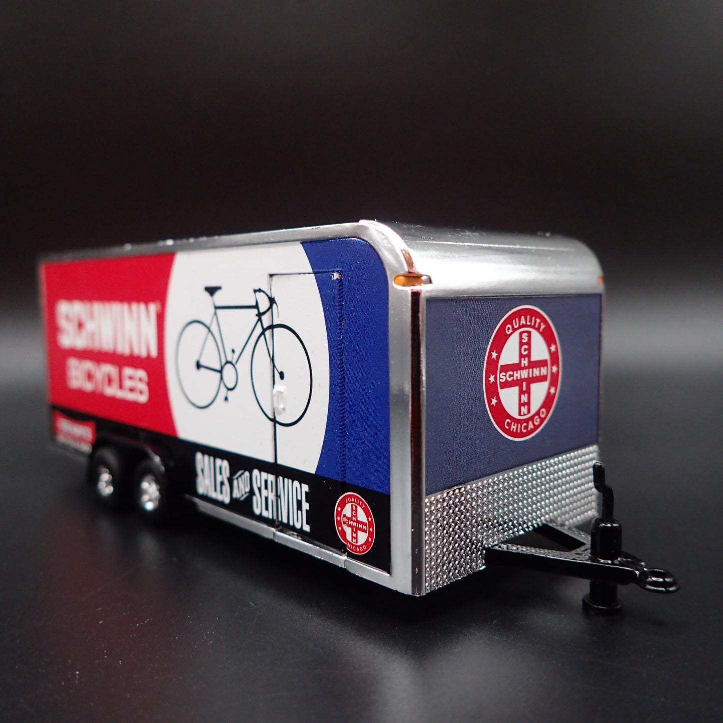 SCHWINN BICYCLES ENCLOSED CAR TOY HAULER TRAILER w OPENING DOOR 1:64 SCALE MODEL