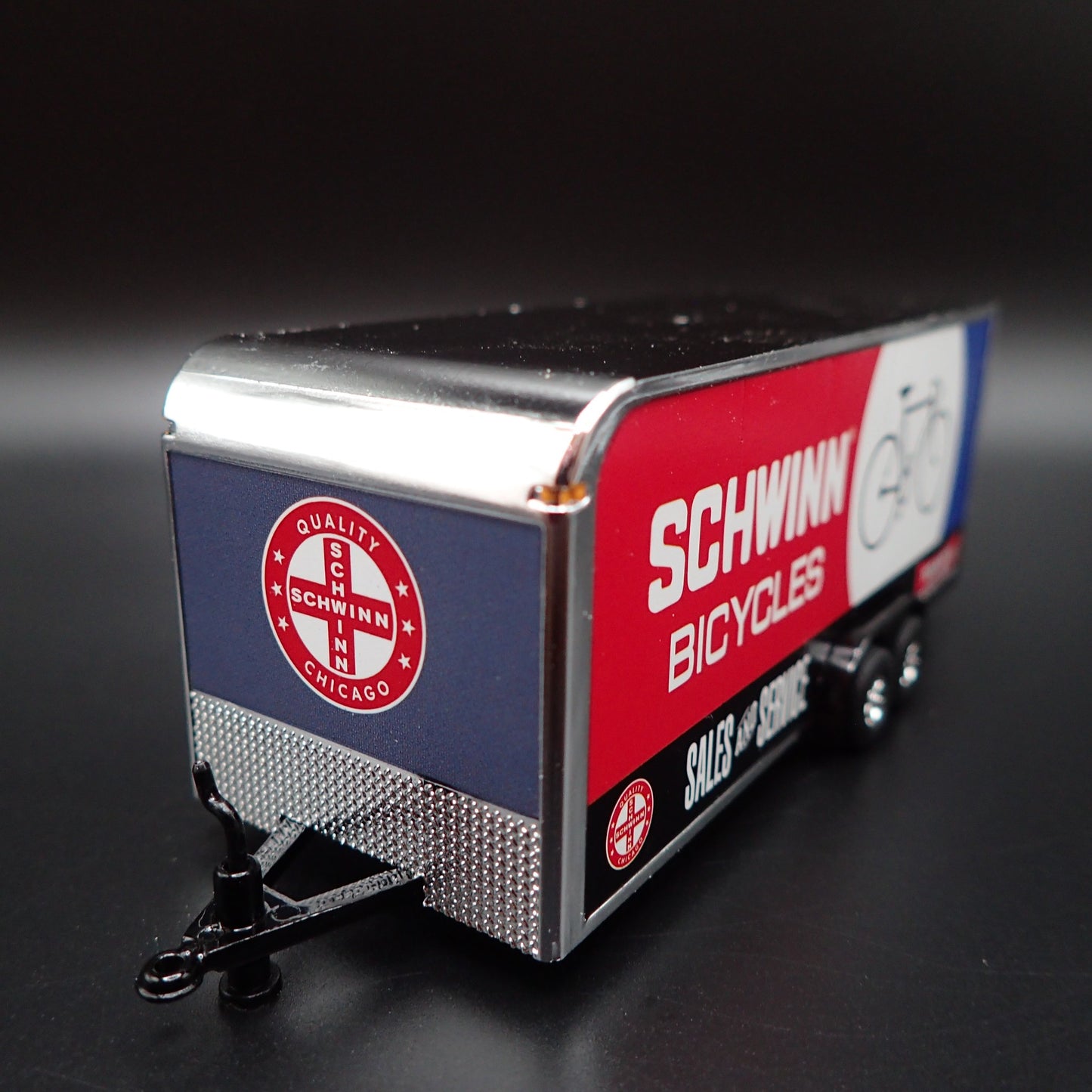 SCHWINN BICYCLES ENCLOSED CAR TOY HAULER TRAILER w OPENING DOOR 1:64 SCALE MODEL
